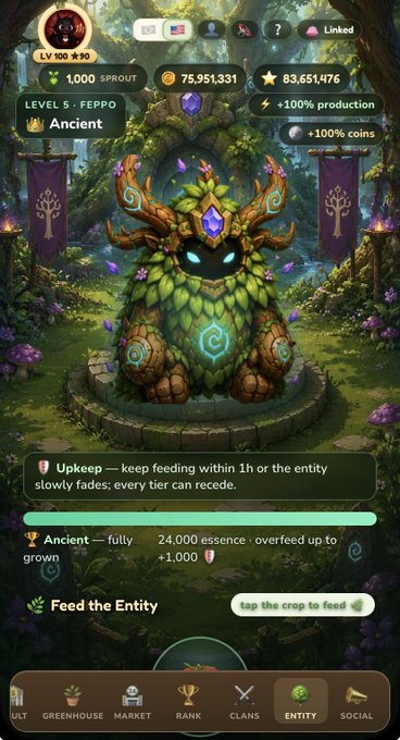 A mobile game interface displays a "Clan Entity" named Feppo, an Ancient golem-like creature adorned with leaves and glowing runes, available for feeding via the "Feed the Entity" button. The screen shows its current level (LV 100), Sprout progress (1,000), currency amounts (75,951,331 coins and 83,651,476 stars), and a 100% production/coin bonus, reflecting the post's emphasis on collective feeding and clan-wide buffs.