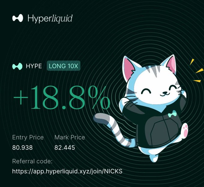 A Hyperliquid trading card showing a HYPE LONG 10X position with +18.8% profit, Entry Price 80.938 and Mark Price 82.445, featuring the Hyperliquid cat mascot and referral link to app.hyperliquid.xyz/join/NICKS.