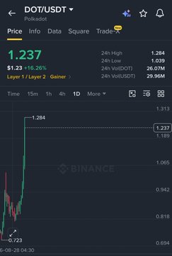 Binance mobile app screenshot showing the DOT/USDT Polkadot price chart at 1.237, up 6.26% (Layer 1/Layer 2 Gainer), with a 24h high of 1.284 and 24h low of 1.039.
