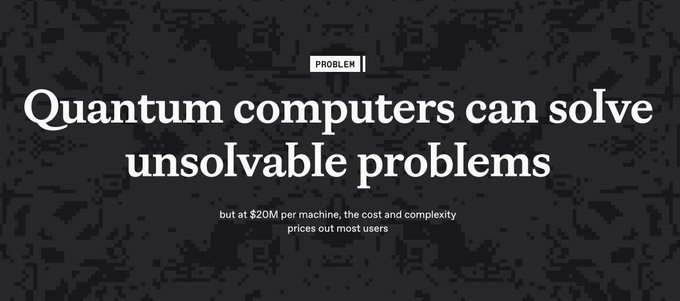A dark graphic with text reading 'PROBLEM: Quantum computers can solve unsolvable problems' and a sub-caption noting '$20M per machine' pricing out most users.