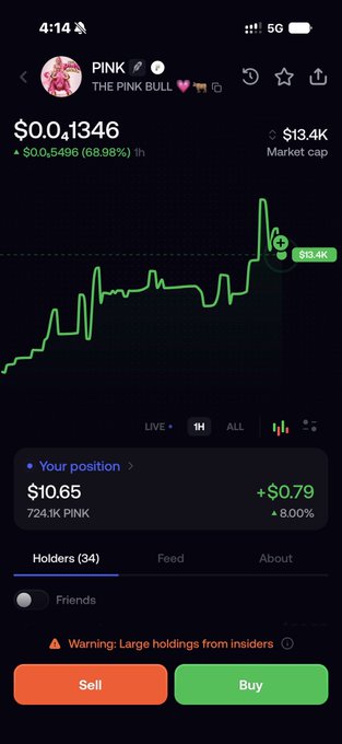 A cryptocurrency trading app screenshot showing 'THE PINK BULL' token (PINK) at $0.0,1346 with a 68.98% increase, a 1H price chart, and a user position of $10.65.