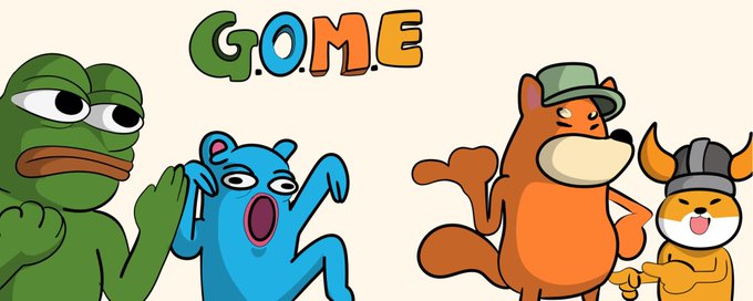 Colorful cartoon logo for 'G.O.M.E' featuring a grumpy green frog, a screaming blue character, a brown wolf/dog with a green cap, and a yellow character in a Viking helmet.