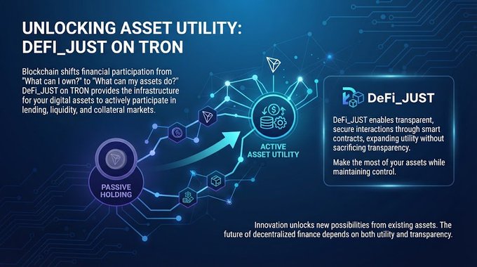 The image displays a promotional graphic for **DeFi_JUST on TRON**, featuring a futuristic blue design with blockchain network visuals, a passive holding wallet icon, and an arrow transitioning to "active asset utility" symbols (coins, gears). Key text highlights the shift from "What can I own?" to "What can my assets do?" and describes DeFi_JUST as a transparent, smart contract-based protocol for lending, liquidity, and collateral on the TRON network.

**Caption:** A sleek tech graphic for **DeFi_JUST on TRON** illustrates the shift from passive asset holding to active asset utility, showing how blockchain enables digital assets to participate in lending, liquidity, and collateral markets through transparent smart contracts.