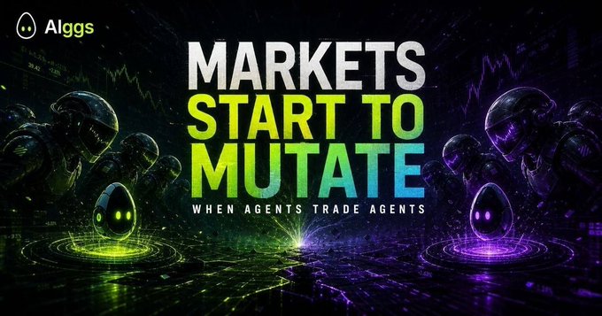 The image features a poster for an AI-powered trading platform called AlgSigs, which is designed to help traders make better decisions by using artificial intelligence. The poster includes two animated characters representing market agents, one of whom has a green egg on its head and another with a purple egg on its head. These characters are positioned in front of the text "Markets Start To Mutate" and "When Agents Trade".