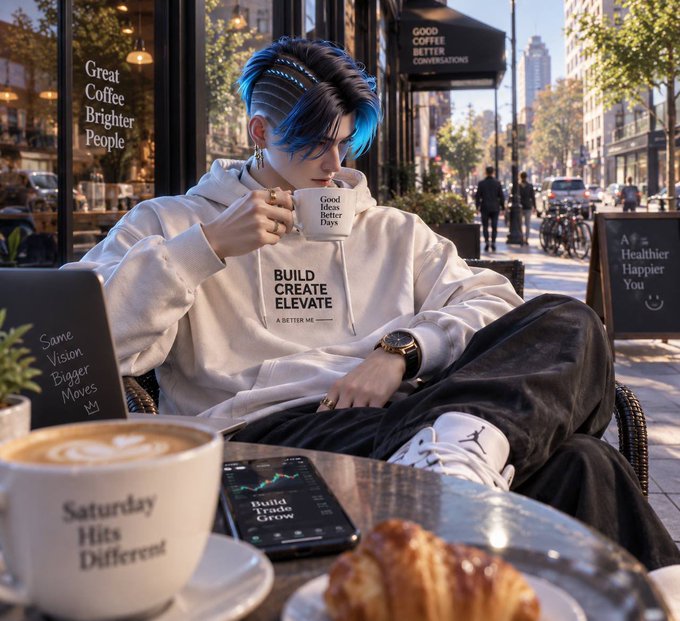 A stylized image of a person with blue-streaked hair in a 'BUILD CREATE ELEVATE' hoodie drinking coffee at a café, surrounded by motivational text like 'Great Coffee Brighter People' and 'Saturday Hits Different'.