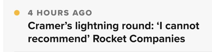 A news timestamp from 4 hours ago shows the headline "Cramer's lightning round: 'I cannot recommend' Rocket Companies," indicating CNBC's Jim Cramer advised against buying Rocket Companies ($RKT), which contrasts with the poster's bullish sentiment about loading up on $RKT shares Monday.