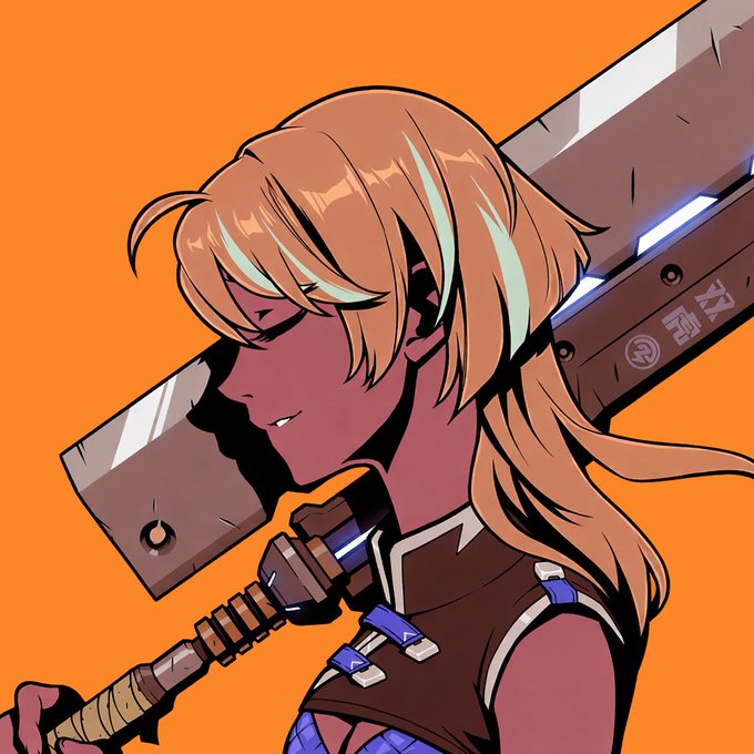 The image features a cartoon girl with blonde hair holding a large sword, possibly from the @azuki fam series. The girl appears to be smiling as she holds her weapon. The background of the image is orange, which complements the overall color scheme of the illustration. The caption at the bottom of the image reads "GM legends Couldn’t be more hyped to be part of the @azuki fam Happy Friday".