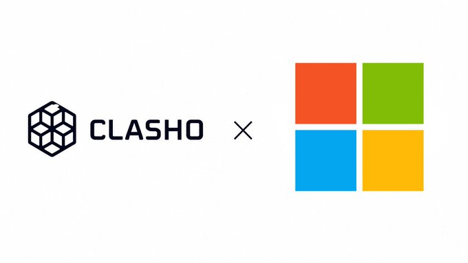 A logo collaboration graphic showing "CLASHO" with a cube icon next to a Microsoft logo (four colored squares), separated by an "x."