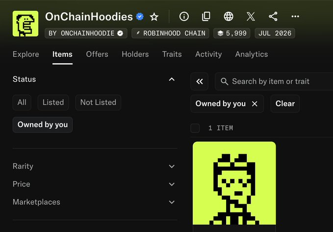 A profile page for the NFT collection 'OnChainHoodies' by ONCHAINHOODIE on Robinhood Chain showing 5,999 items from July 2026.