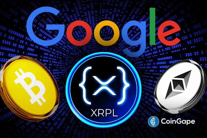 The image features the Google logo alongside Bitcoin, XRP Ledger (XRPL), and Ethereum cryptocurrency symbols against a digital binary background, visually reinforcing the post's message about Google recognizing the XRP Ledger's quantum-resistant efforts in response to emerging quantum computing threats facing Bitcoin and Ethereum. A CoinGape watermark appears in the lower right, indicating the source of the graphic.