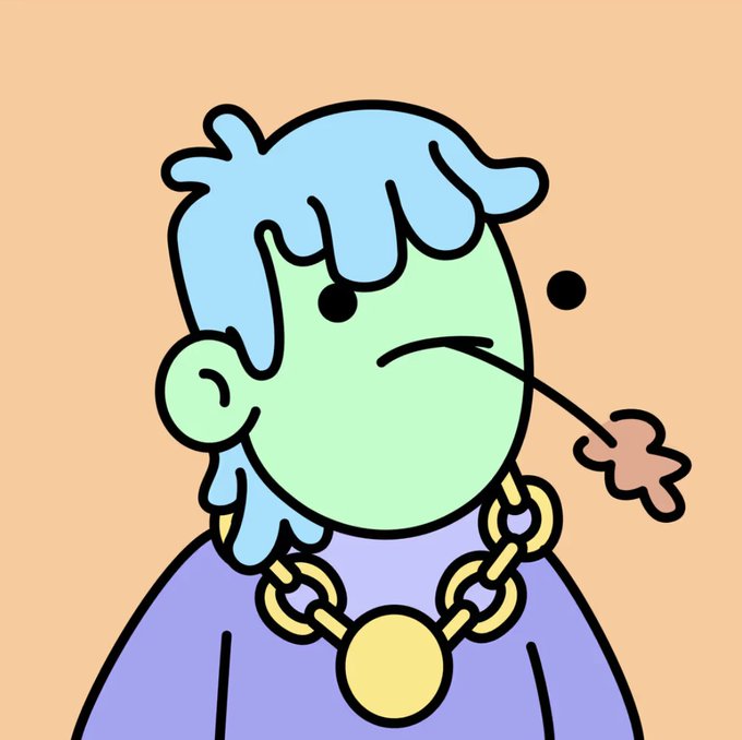 The image features a cartoon character with blue hair wearing a purple shirt, holding a leafy object in their mouth. The character appears to be in motion as they are walking or running while carrying the leafy item. The background of the image is orange, which contrasts with the character's blue hair and adds depth to the scene.

The post includes text that reads " Lots happening in @doodles so made a few moves picked up this gold chain doodle plus eth or 1 x Piet Mondrian x Doodles Digital Collection (need riot and liquid pixels)." This suggests that there might be some sort of art project, collaboration, or event involving the character from the image. The post also mentions trading for any floor doodle, which could imply a market or exchange system related to the character's abilities or skills.