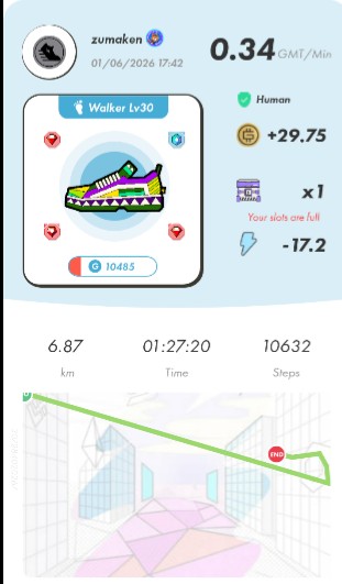 The image shows a phone screen displaying a fitness tracking app with various data points, including steps taken, calories burned, and distance traveled. The app also has an interactive map that allows users to follow their progress through different routes or landmarks. The post in question is about a specific location where the user has taken a step, possibly indicating a milestone achieved during their fitness journey.
