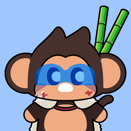 A cartoon monkey character with large blue eyes, brown fur, and green bamboo sticks behind its ears is depicted against a light blue background. The image represents Chimpers #3903 NFT, which has been migrated according to the post's update showing overall migration progress at 69.7% completion.