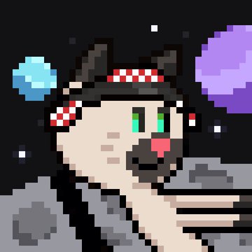 The image features a cat wearing a red and white checkered bandana, which appears to be a part of a larger cosmic theme. The cat's face is turned towards the camera, giving us a close-up view of its facial expression. In the background, there are planets that match the color scheme of the cat's bandana, creating a cohesive visual theme throughout the image. The caption below the image reads: "Let' s do another matchy-matchy w. @mfpurrs @aft3rpartyeth mfpurr megapurr".