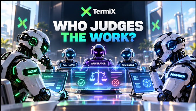 A promotional graphic for TermiX asks 'WHO JUDGES THE WORK?' and depicts AI robots labeled 'CLIENT', 'EVALUATOR', 'ARBITRATOR', 'EVALUATOR', and 'PROVIDER' around a digital table.