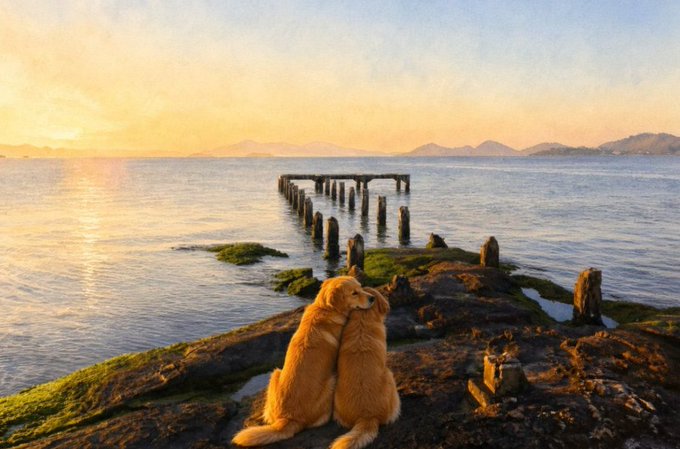A dog sits beside another dog, looking out over a calm sea at sunset toward distant mountains and an old wooden pier.