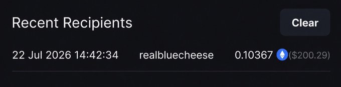 A "Recent Recipients" interface shows a 0.10367 SUI token transaction ($200.29) sent to "realbluecheese" on 22 Jul 2026 at 14:42:34, with a Clear button option. This aligns with the accompanying post celebrating a $200 win, suggesting the image documents the transfer of prize funds to the recipient.