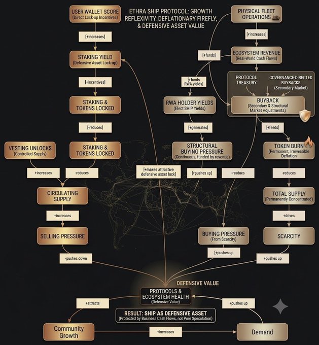 A complex infographic details the 'ETHRA SHIP PROTOCOL' economic system, mapping the relationships between user wallet scores, staking yields, token burning, ecosystem revenue, and structural buying pressure.
