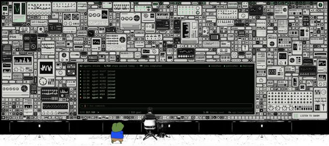 Digital artwork of a small figure standing before a massive wall of modular synthesizer panels surrounding a central terminal screen displaying 'login ALI' commands.