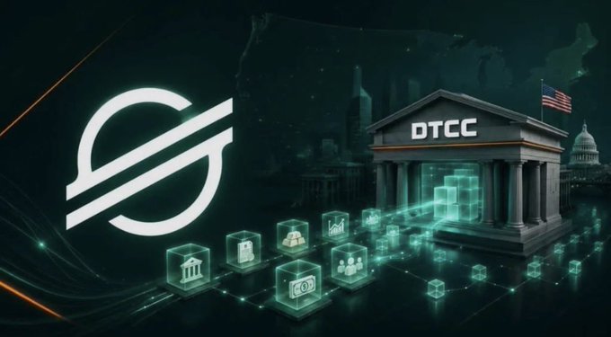 Digital artwork featuring a glowing Stellar (XLM) logo alongside a neoclassical building marked 'DTCC' with an American flag, set against a cityscape background with floating holographic cubes.