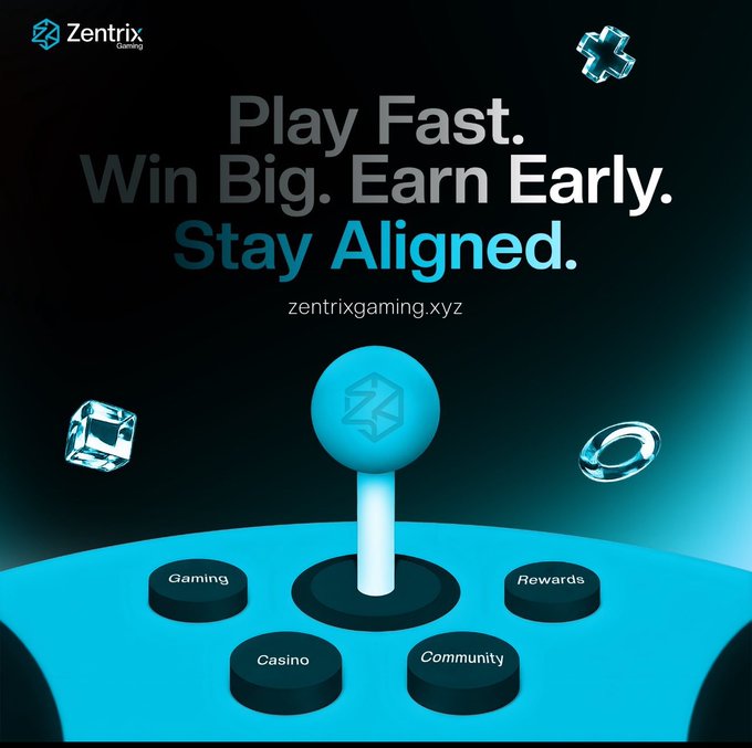 A Zentrix Gaming advertisement reads 'Play Fast. Win Big. Earn Early. Stay Aligned.' with the URL zentrixgaming.xyz, featuring a blue joystick graphic surrounded by Gaming, Casino, Rewards, and Community buttons.