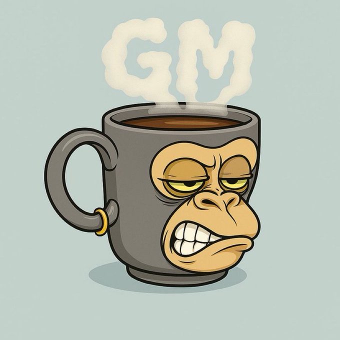 A cartoon coffee mug with an angry, gritted-teeth face emits steam shaped like the letters "GM," visually representing the "GMGM" post—a common crypto and social media greeting meaning "Good Morning, Good Morning."