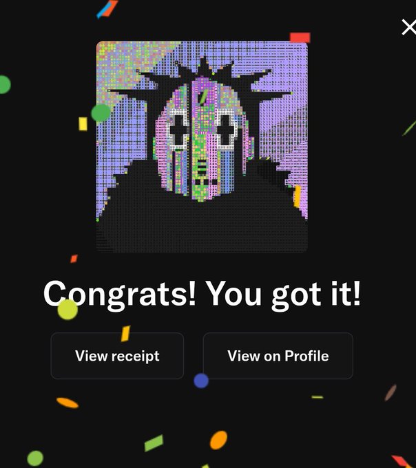 A congratulatory screen with confetti displays a pixelated portrait of a figure resembling the Statue of Liberty with cross eyes, accompanied by the text "Congrats! You got it!" and buttons labeled "View receipt" and "View on Profile".