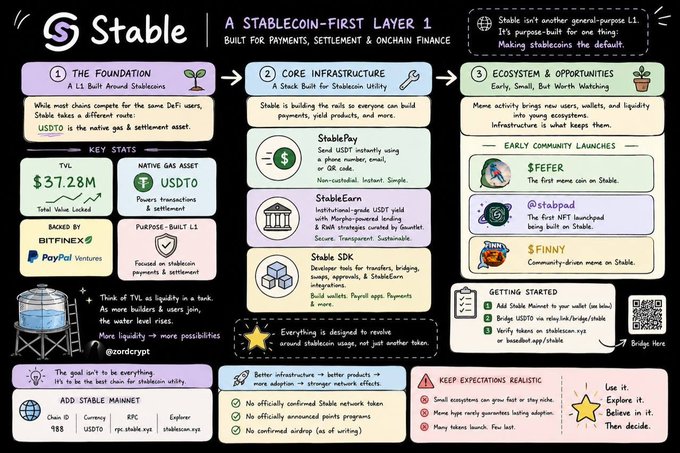 This infographic outlines Stable, a stablecoin-first Layer 1 blockchain built around USDT0, highlighting its $37.28M TVL and native gas asset USDT, alongside core infrastructure like StablePay, StableEarn, and Stable SDK, plus ecosystem partners such as $FER, @stabpad, and $FINNY.