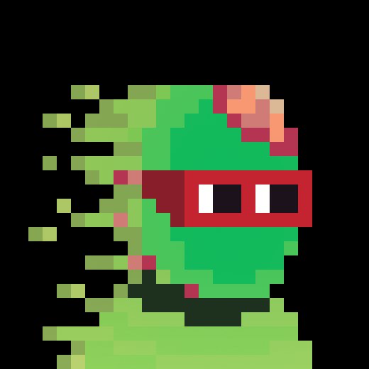 A pixel art illustration of a green character resembling a Teenage Mutant Ninja Turtle wearing a red mask, shown in motion with green pixelated streaks trailing behind.