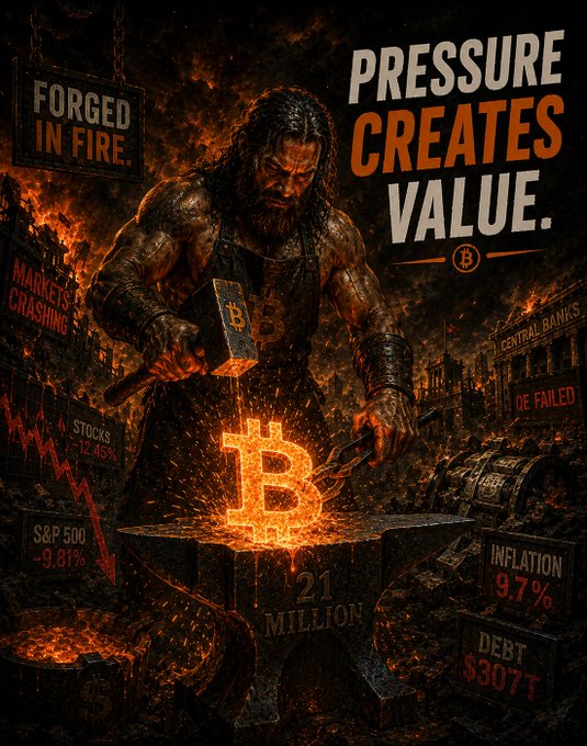 A dramatic digital illustration shows a muscular blacksmith forging a Bitcoin symbol in flames, with the text 'PRESSURE CREATES VALUE' and statistics like 'MARKETS CRASHING', 'STOCKS -12.45%', 'S&P 500 -9.81%', 'INFLATION 9.7%', and 'DEBT $307T'.