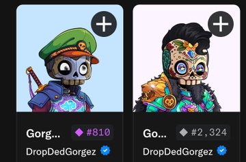 Two NFT profile pictures from the account 'DropDedGorgez' labeled 'Gorg...' with values #810 and #2,324, featuring cartoon characters in military and cyberpunk-style designs.