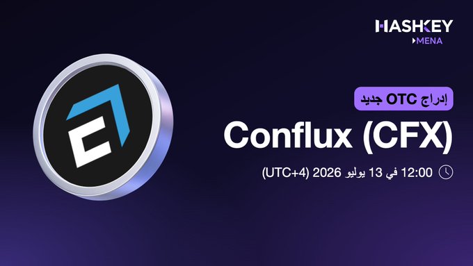 A HashKey MENA promotional graphic announcing the OTC launch of Conflux (CFX) on July 13, 2026 at 12:00 (UTC+4), featuring a stylized 'e' logo.