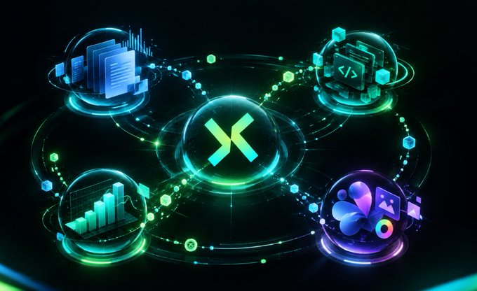 A futuristic digital graphic featuring a green 'X' logo at the center surrounded by icons representing documents, code, charts, and media on a glowing dark background.