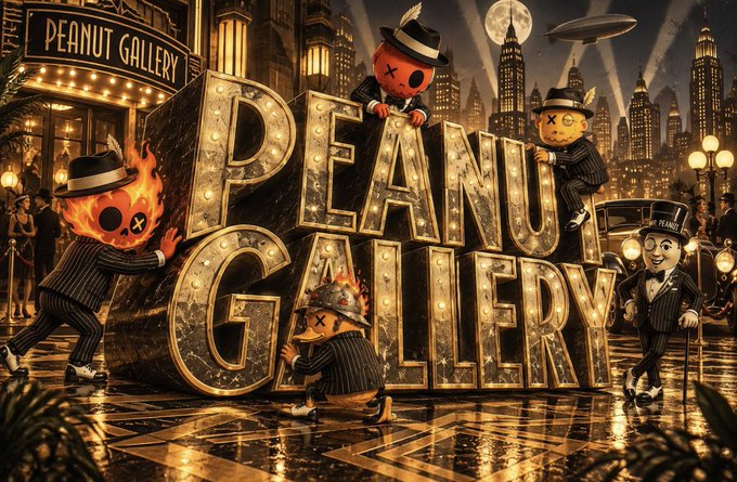 An AI-generated artwork titled 'PEANUT GALLERY' depicting cartoon characters in suits and hats around large illuminated marquee letters, with a fiery character and city skyline in the background.
