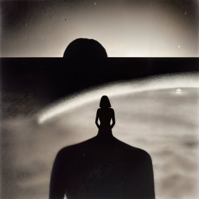 The image features a black and white photo that showcases two silhouettes against an abstract background depicting water with clouds and lightening from the sun. Both figures are standing close together, as if looking out at the ocean or watching something happening over it. The overall composition of the photograph conveys a sense of mystery and wonder, giving viewers a glimpse into the unseen world beyond our physical perception. This artistic composition mirrors the content on the post about the Shoulders of Giants from @DrG__123 Art on Bitcoin, which explores themes like human connection, loss, and exploration in the context of Bitcoin and its role in shaping the future.