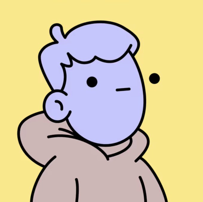 A cartoon illustration shows a pale blue-skinned character with a single black dot for an eye, a small mouth, and a small black object near its face, wearing a brown hoodie against a yellow background.