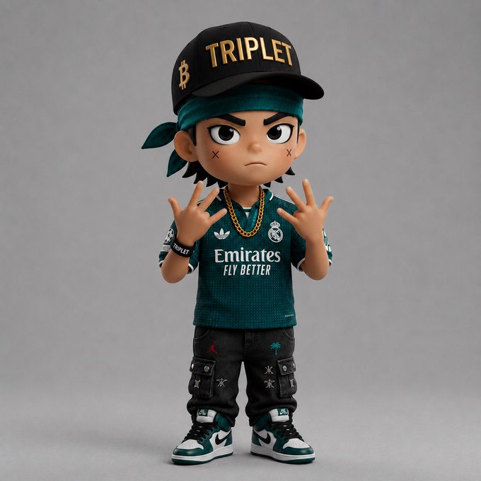 A stylized 3D cartoon figure wearing a teal Real Madrid jersey ("Emirates FLY BETTER") and a black "TRIPLET" Bitcoin cap strikes a fierce pose with hand gestures, visually matching the "TRIPLET" hype mentioned in the post while rocking Jordan 1s and streetwear flair.