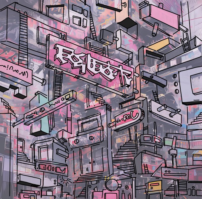 A vibrant, stylized illustration of a dense urban cityscape featuring numerous neon signs, including one with East Asian characters, rendered in shades of pink, blue, and yellow with sketchy line work.