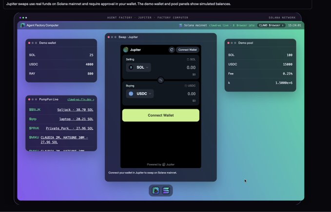 A screenshot of the Agent Factory Computer on the Solana Network showing a Jupiter swap interface with simulated balances for SOL, USDC, and RAY tokens.