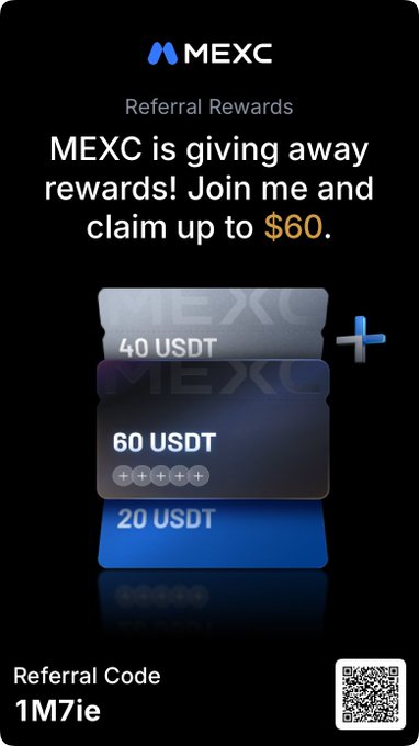 The image shows a post from MEXC, a social media platform based in Mexico City, that offers users free money through their referral rewards program. The advertisement encourages new users to join and claim up to $60 if they already have an account. It is displayed against a black background with the text in white at the top reading "MEXC REFERRAL REWARDS" followed by "FREE MONEY IS usually expensive. This one isn't." The image includes a QR code that leads to more information about the program and another image that shows a stack of reward cards. The post also mentions a promotional code for another product, which might be related to the advertising campaign or a special offer.