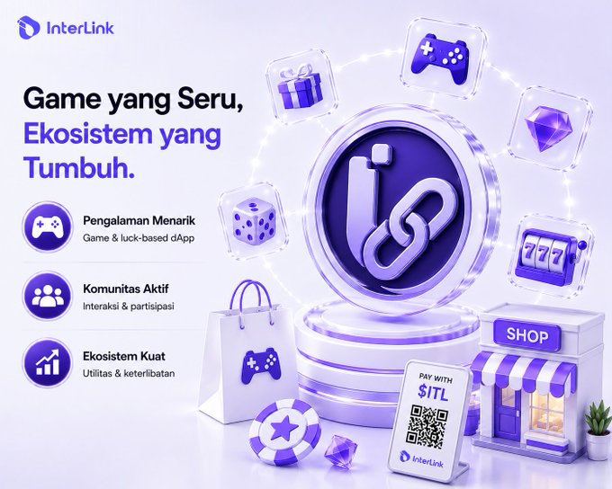 A promotional graphic for InterLink featuring Indonesian text 'Game yang Seru, Ekosistem yang Tumbuh' with a purple color scheme, showing 3D icons of gaming items, dice, a gift, a shop, and a QR code to pay with $ITL.