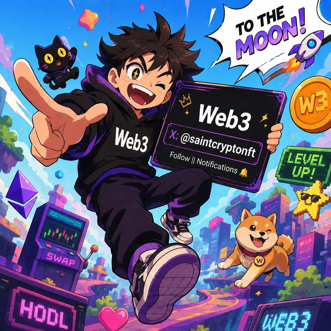An anime-style illustration shows a boy in a 'Web3' hoodie holding a card reading 'Web3 X: @saintcryptonft' with 'TO THE MOON!' and 'HODL' text among crypto-themed graphics.