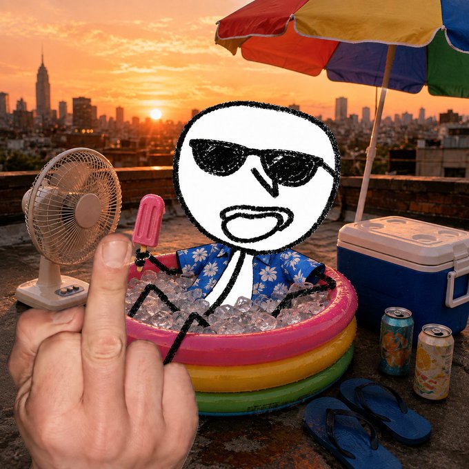 A surreal digital artwork showing a hand holding a hand-drawn figure with sunglasses relaxing in a colorful inflatable pool with ice, complete with a fan, cooler, and umbrella against a sunset cityscape.