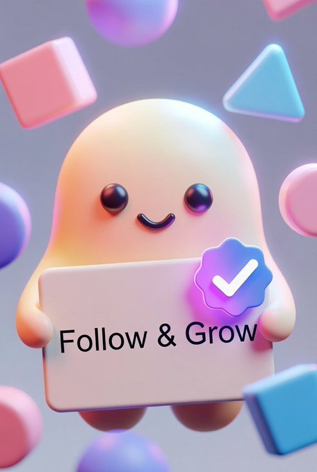 A cute pastel 3D blob character smiles while holding a "Follow & Grow" sign with a checkmark badge, surrounded by floating geometric shapes—perfectly complementing the post's call to action for viewers to comment "ACTIVE" and join an engaged community.