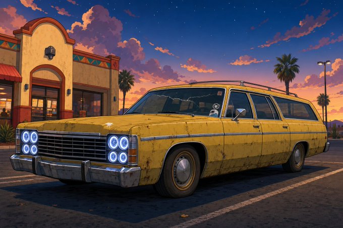 A weathered yellow station wagon with circular blue headlights parked outside a Southwestern-style building at sunset, with a small panda-like character visible in the driver's seat.