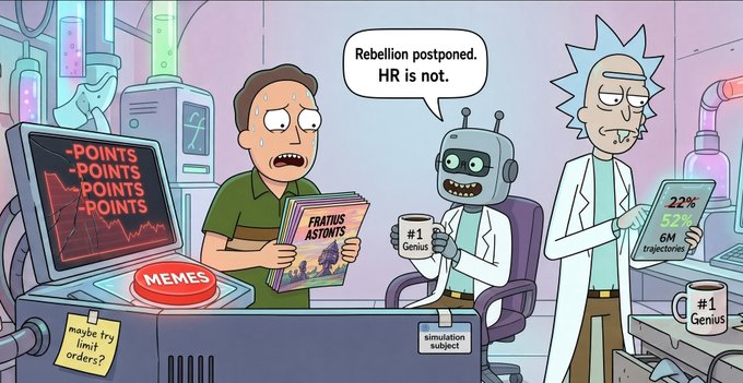 The cartoon shows Rick and Morty characters in a lab, with a robot holding a "#1 Genius" mug saying "Rebellion postponed. HR is not." while Rick checks a tablet displaying "22% → 52%" and "6M trajectories," humorously illustrating the post's claim about Axis boosting AI movement success rates from 22% to 52% using more than 6 million trajectories.