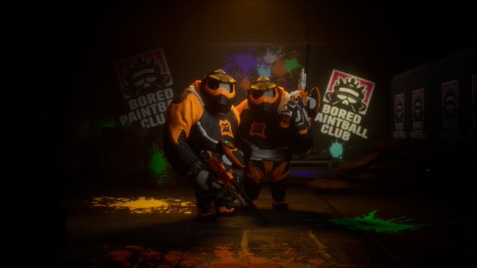 Two Splatoon characters in yellow and black outfits stand holding weapons in a dark, paint-splattered arena with "BORED AIN'TBALL CLUB" signage on the walls.