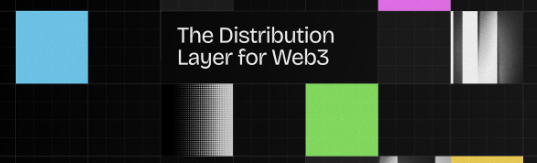 A minimalist graphic features colorful squares in blue, pink, green, and yellow with the text "The Distribution Layer for Web3".