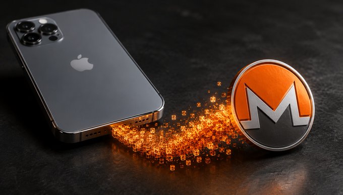 An iPhone rests on a dark surface next to a Monero cryptocurrency coin, with glowing digital sparks flowing between them to illustrate the connection described in the post—hackers exploiting an Apple macOS vulnerability to secretly install Monero miners on Apple devices.