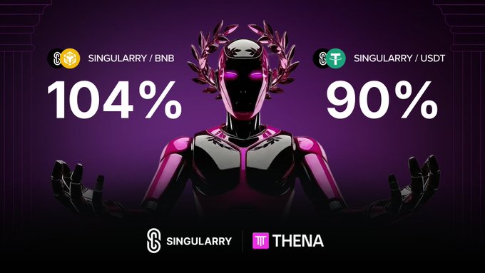 A promotional graphic featuring a metallic humanoid figure with a laurel wreath, advertising 'SINGULARRY / BNB' at 104% and 'SINGULARRY / USDT' at 90%, with logos for SINGULARRY and THENA at the bottom.